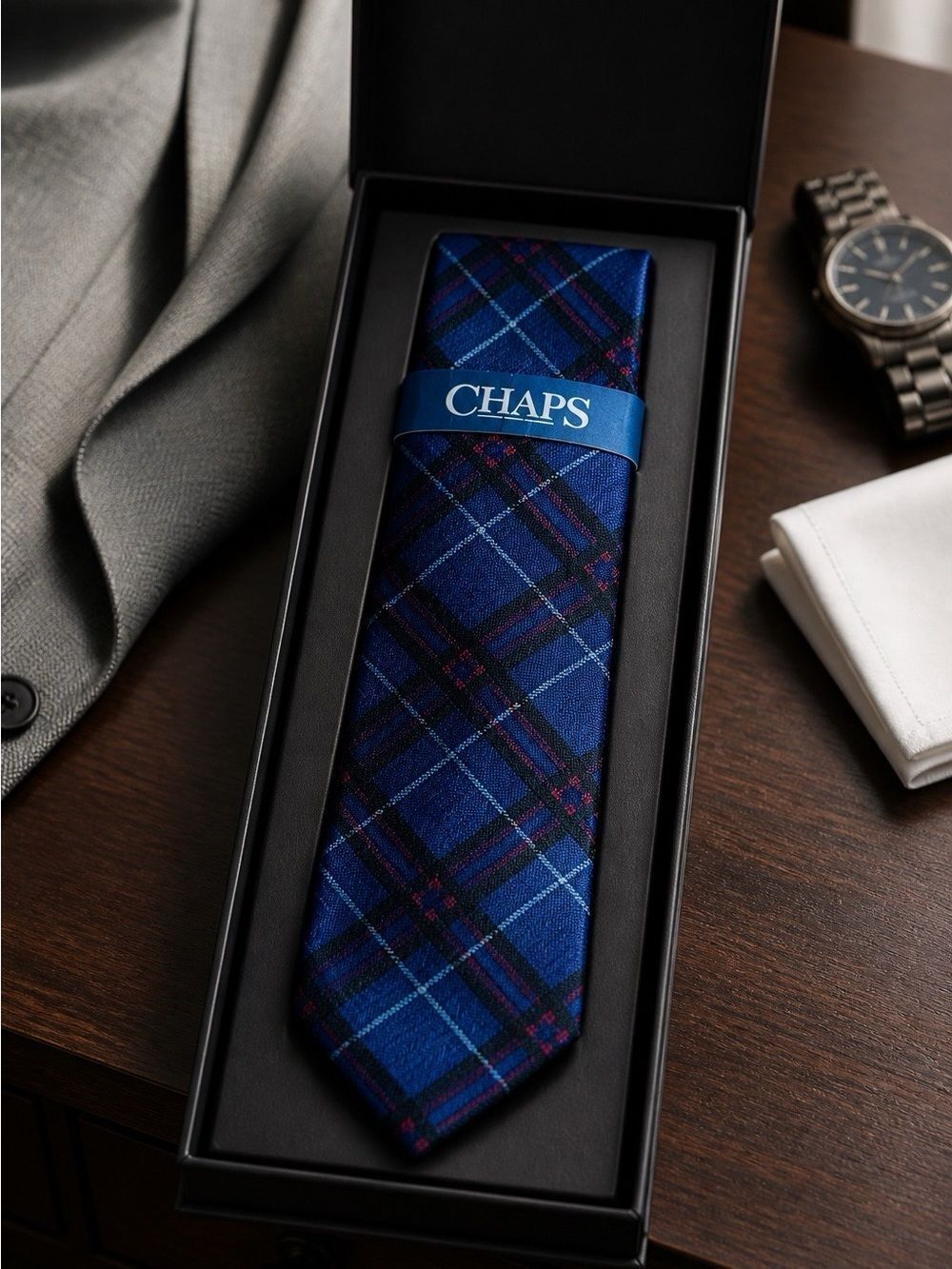 Chaps Men's Navy Blue Plaid Tie with Subtle Red Accents